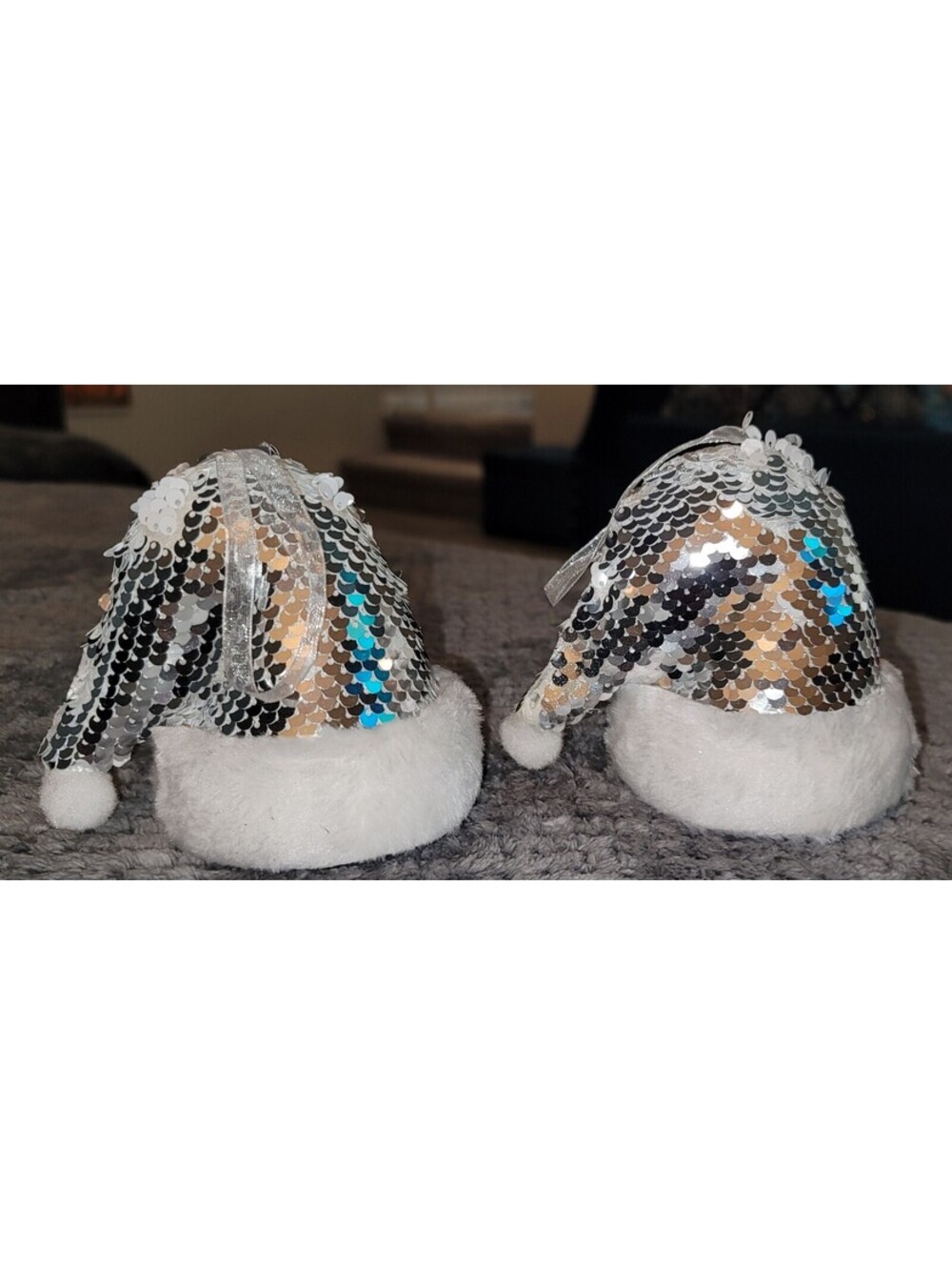 CHRISTMAS ELEGANCE SILVER SEQUIN SANTA HAT HANGING TREE ORNAMENTS SET OF 2